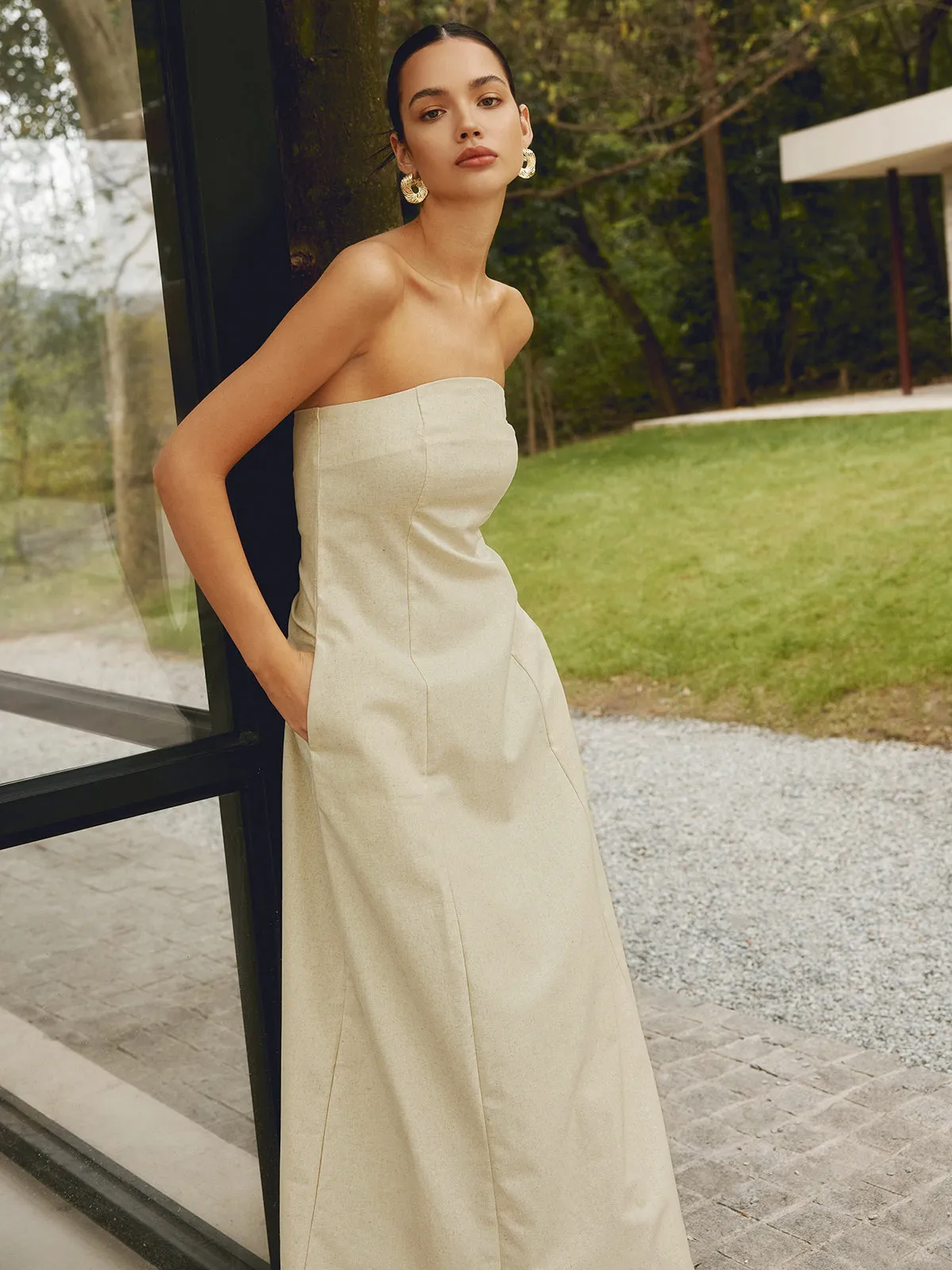 Cotton & Linen Shirred Pocket Long Dress sold by COMMENSE