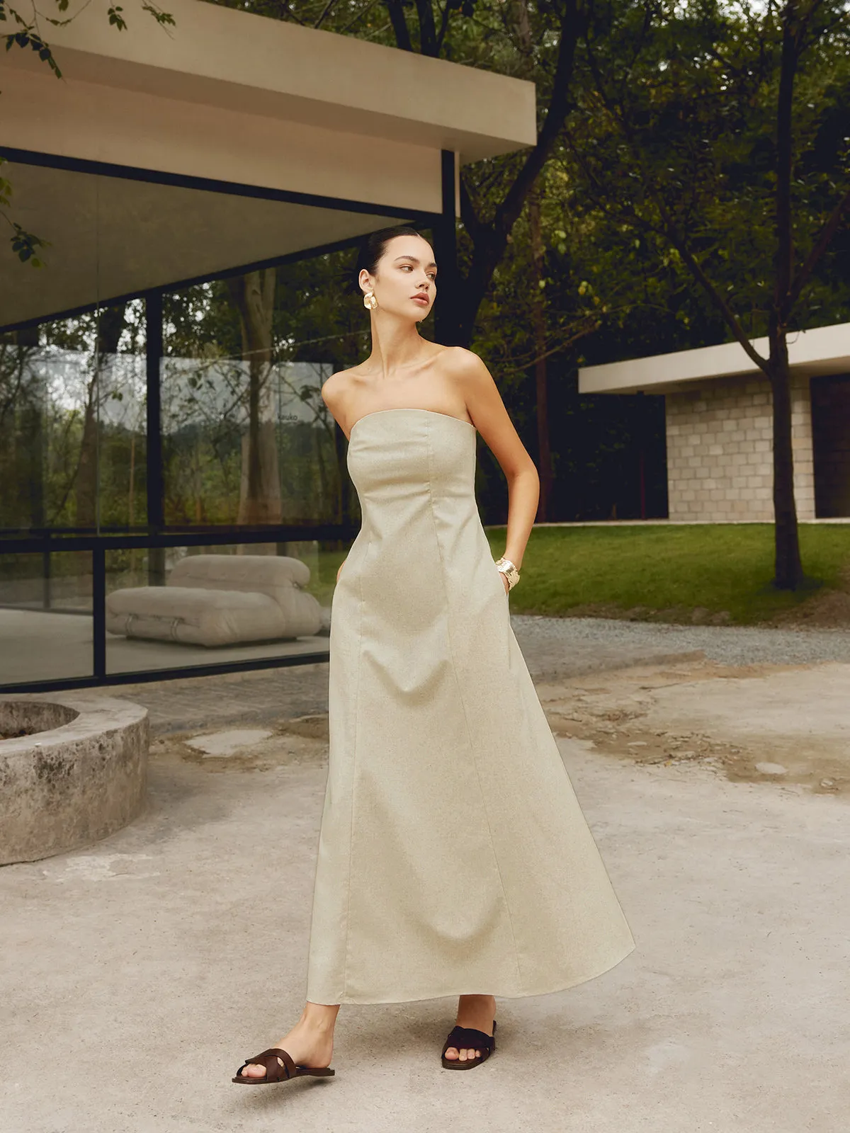 Cotton & Linen Shirred Pocket Long Dress sold by COMMENSE product image thumbnail 3