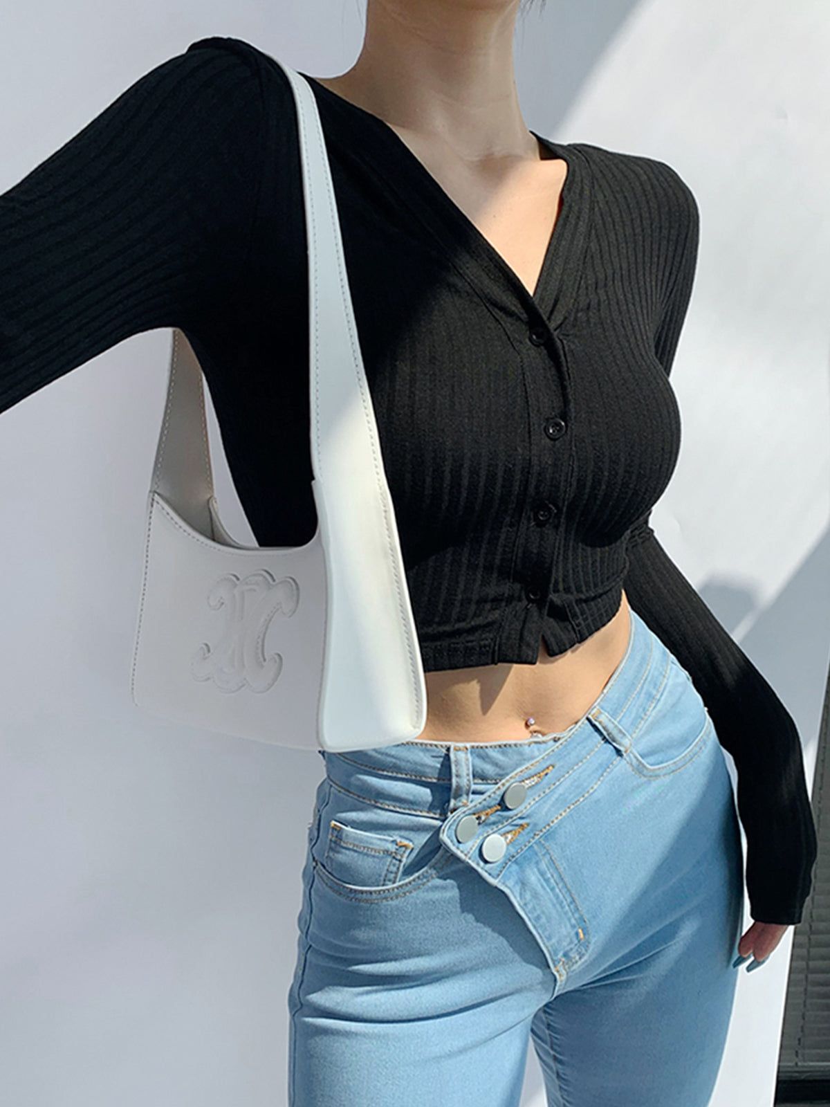 Back Cross V-Neck Long Sleeve Shirt sold by COMMENSE product image thumbnail 2