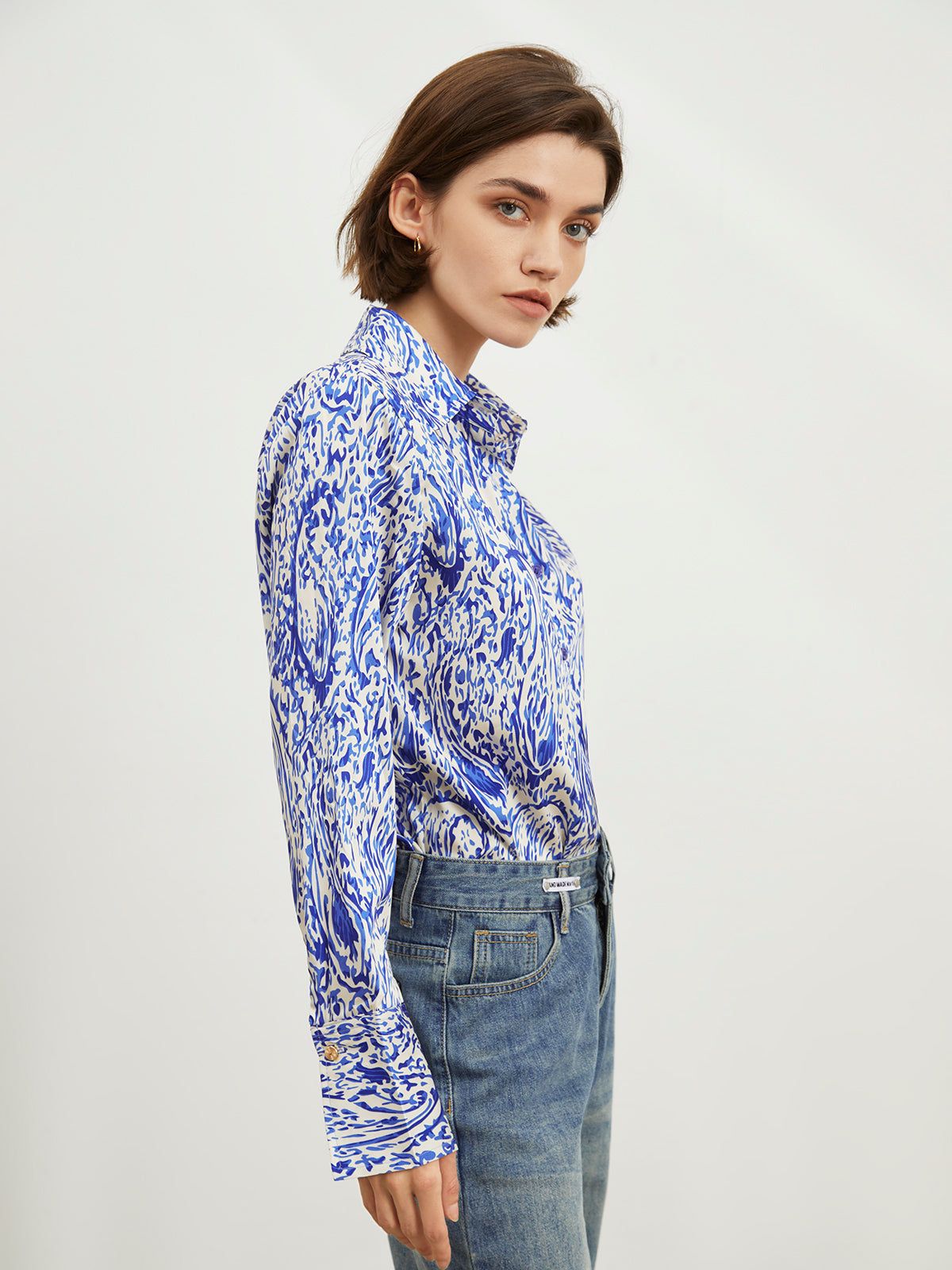 Printed Satin Button Down Shirt sold by COMMENSE product image thumbnail 5