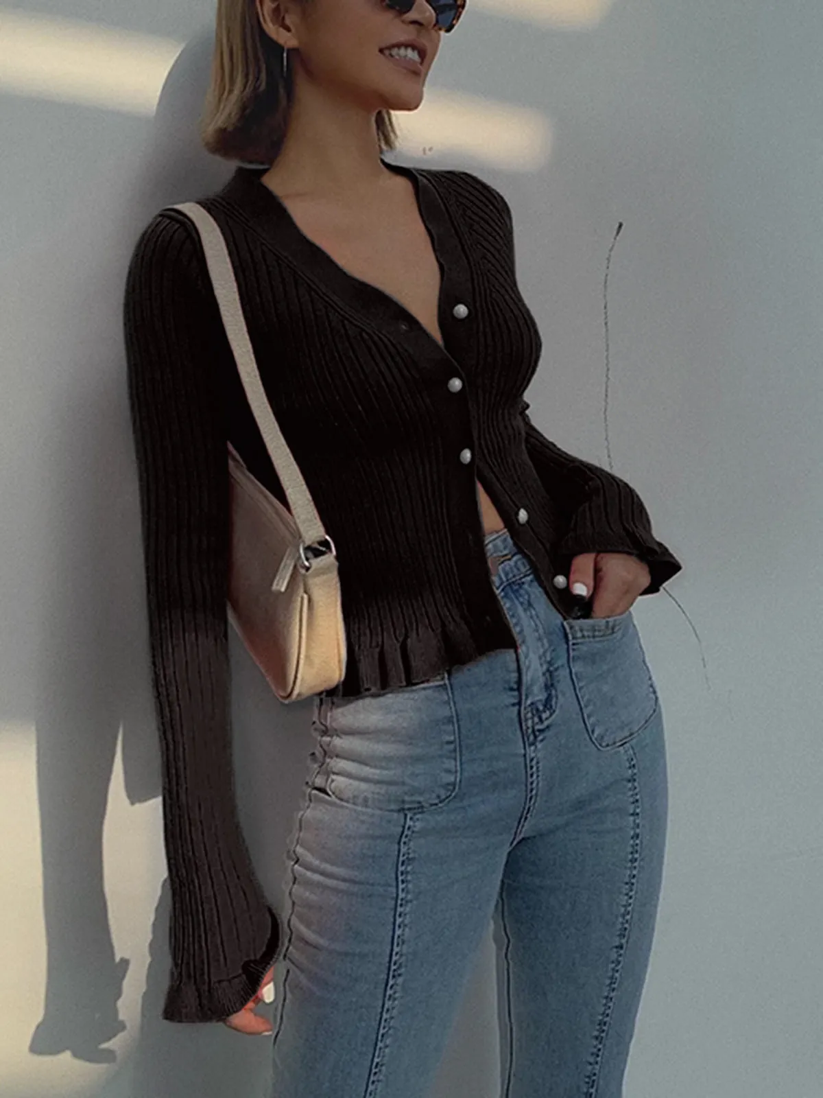 Ruffled Trim Button-Front Long Sleeve Cardigan sold by COMMENSE product image thumbnail 4