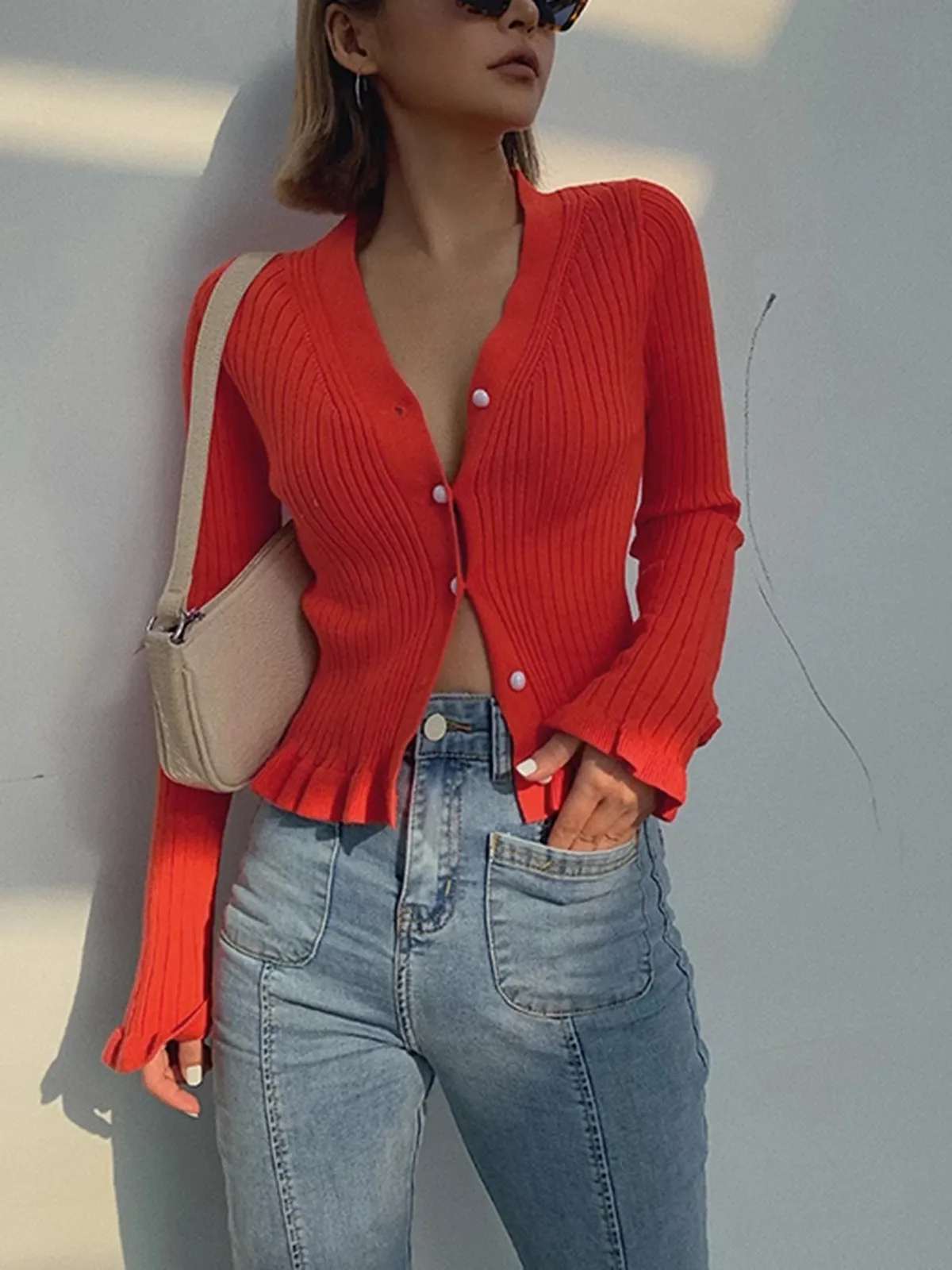 Ruffled Trim Button-Front Long Sleeve Cardigan sold by COMMENSE