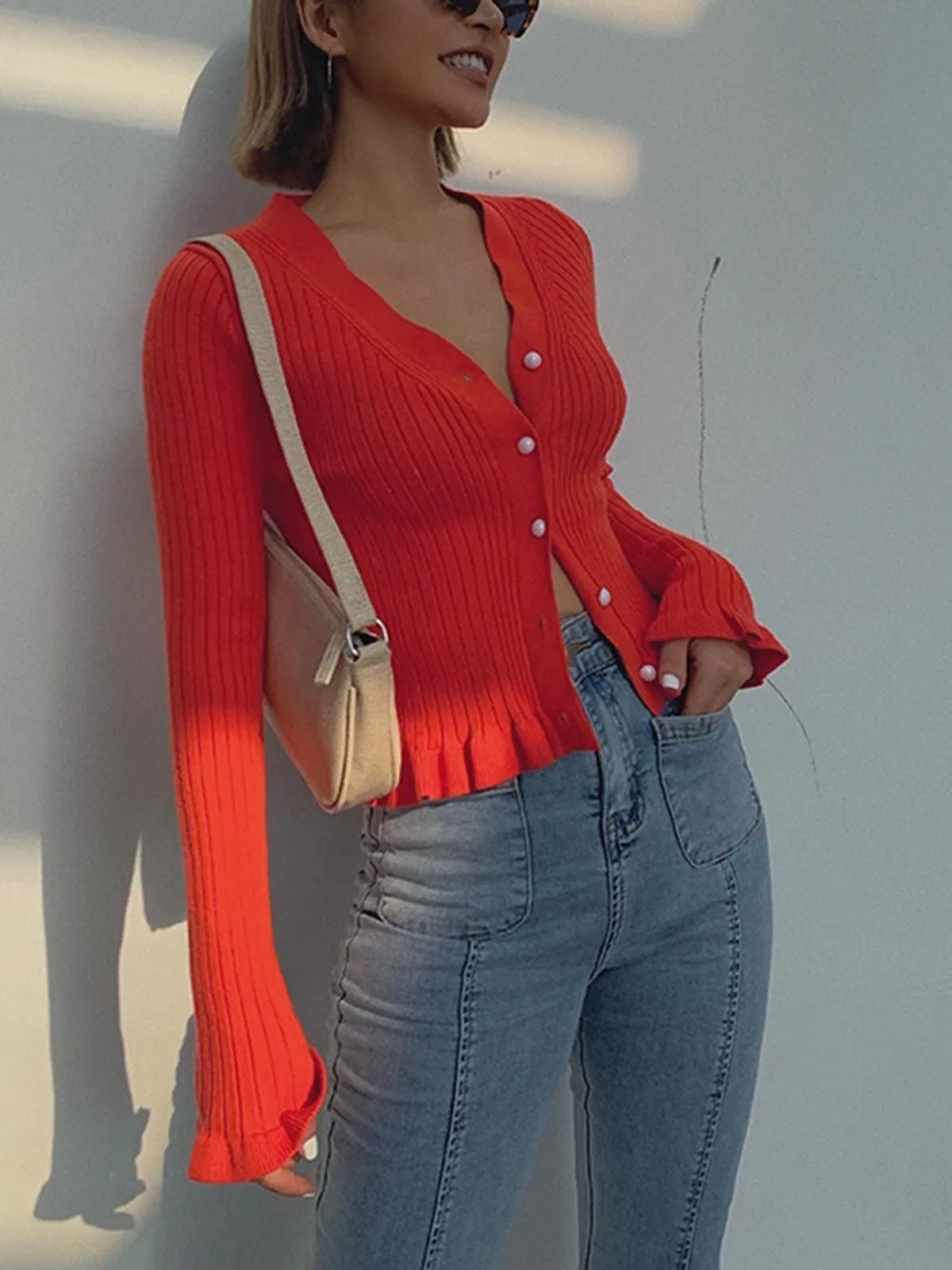 Ruffled Trim Button-Front Long Sleeve Cardigan sold by COMMENSE product image thumbnail 2