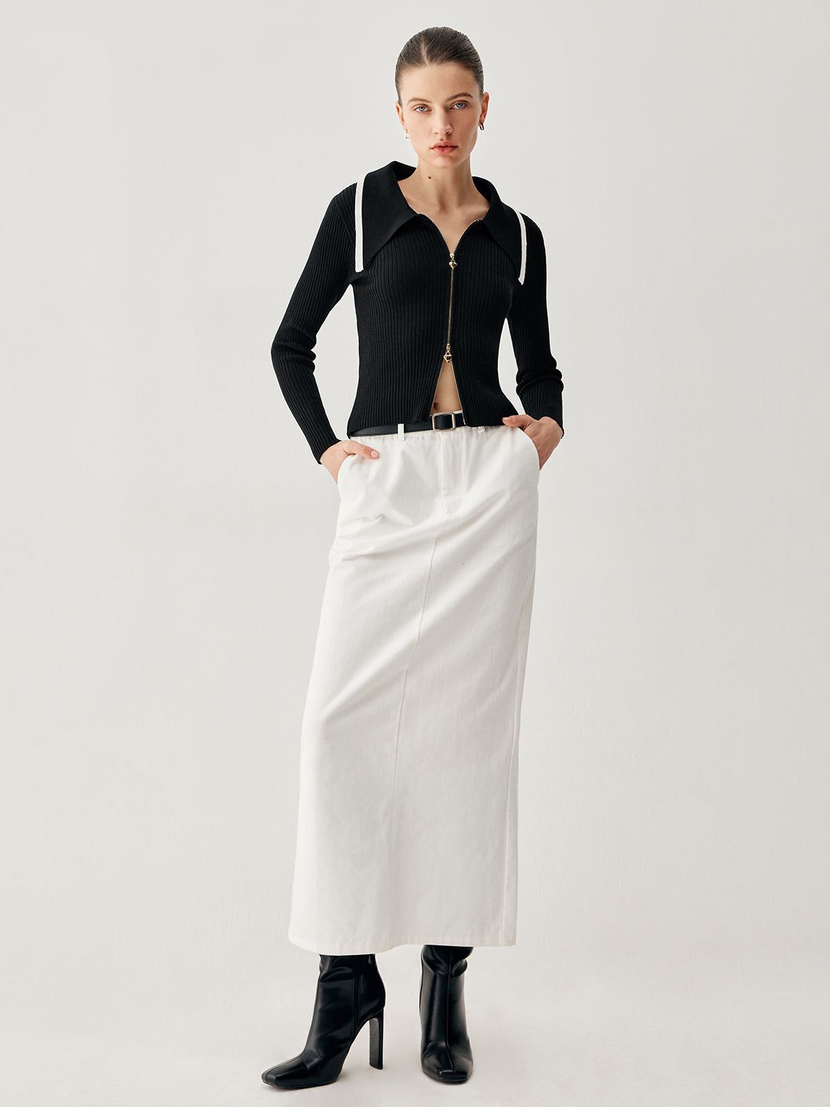 Ribbed Knit Slit Zipped Contrast Trim Collar Sweater sold by COMMENSE product image thumbnail 2
