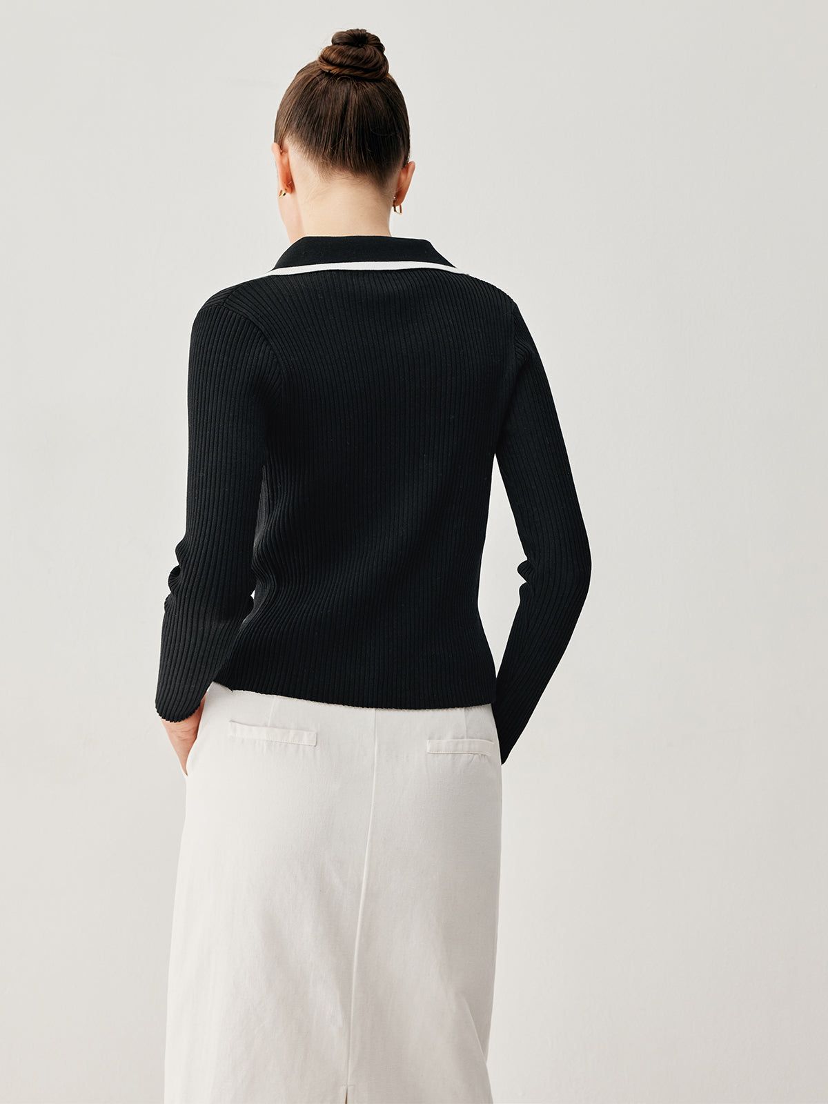 Ribbed Knit Slit Zipped Contrast Trim Collar Sweater sold by COMMENSE product image thumbnail 3