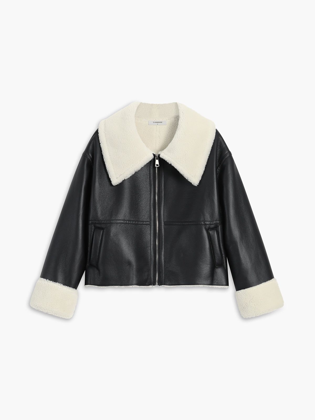 Sherpa Lined Shearling Faux Leather Zippered Patchwok Jacket sold by COMMENSE