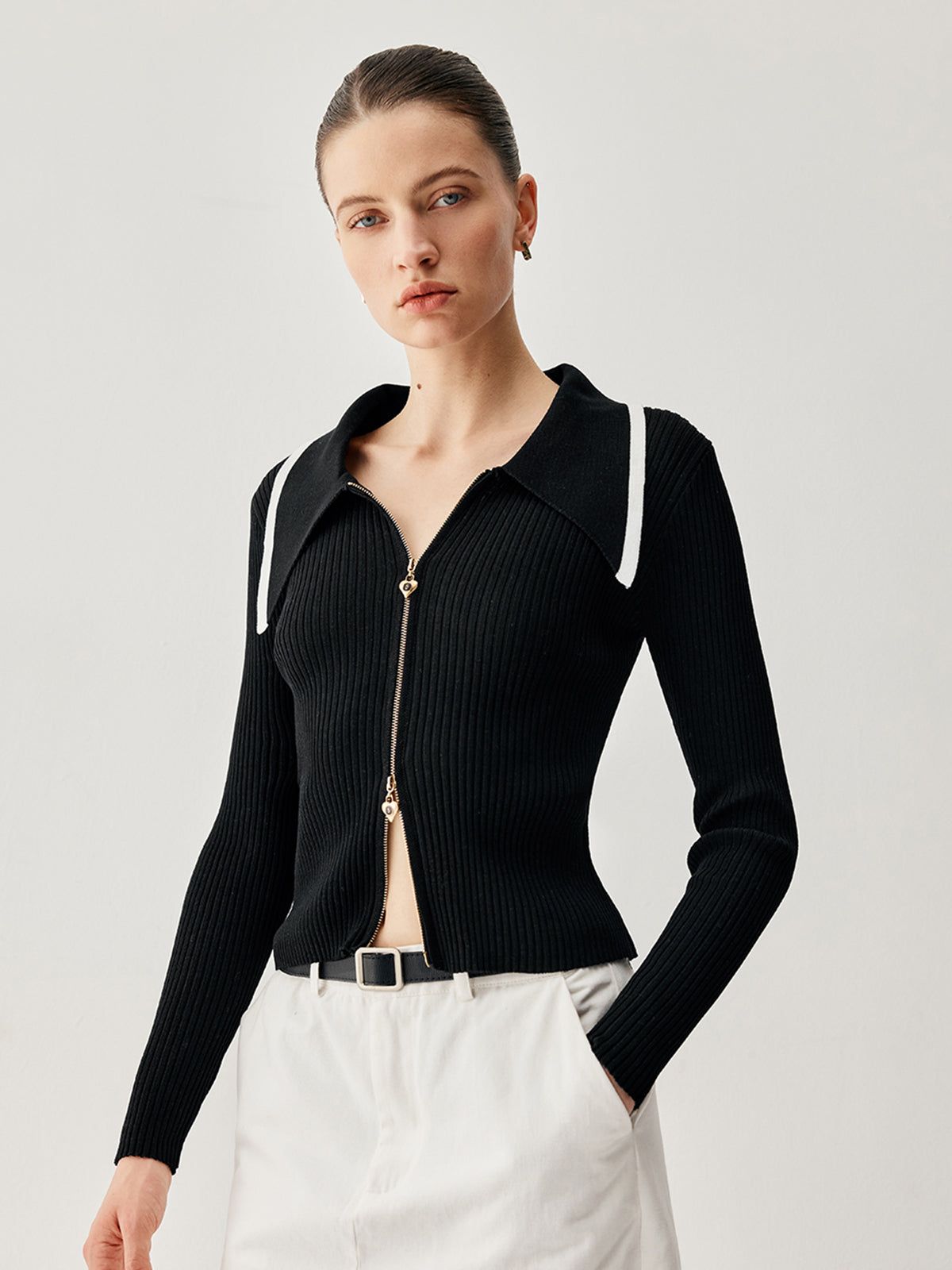 Ribbed Knit Slit Zipped Contrast Trim Collar Sweater sold by COMMENSE