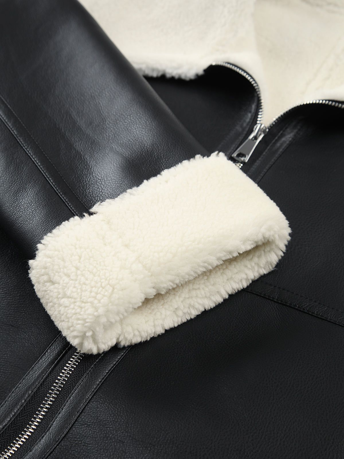 Sherpa Lined Shearling Faux Leather Zippered Patchwok Jacket sold by COMMENSE product image thumbnail 5