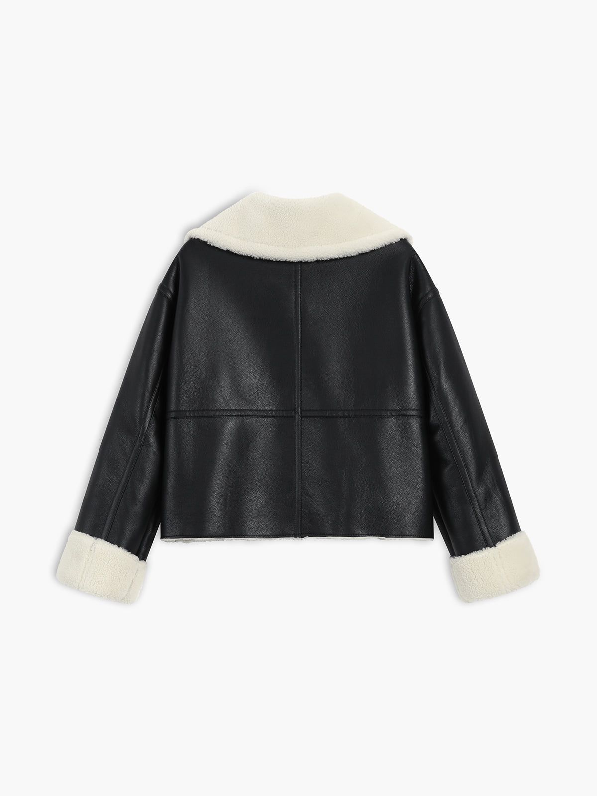 Sherpa Lined Shearling Faux Leather Zippered Patchwok Jacket sold by COMMENSE product image thumbnail 2