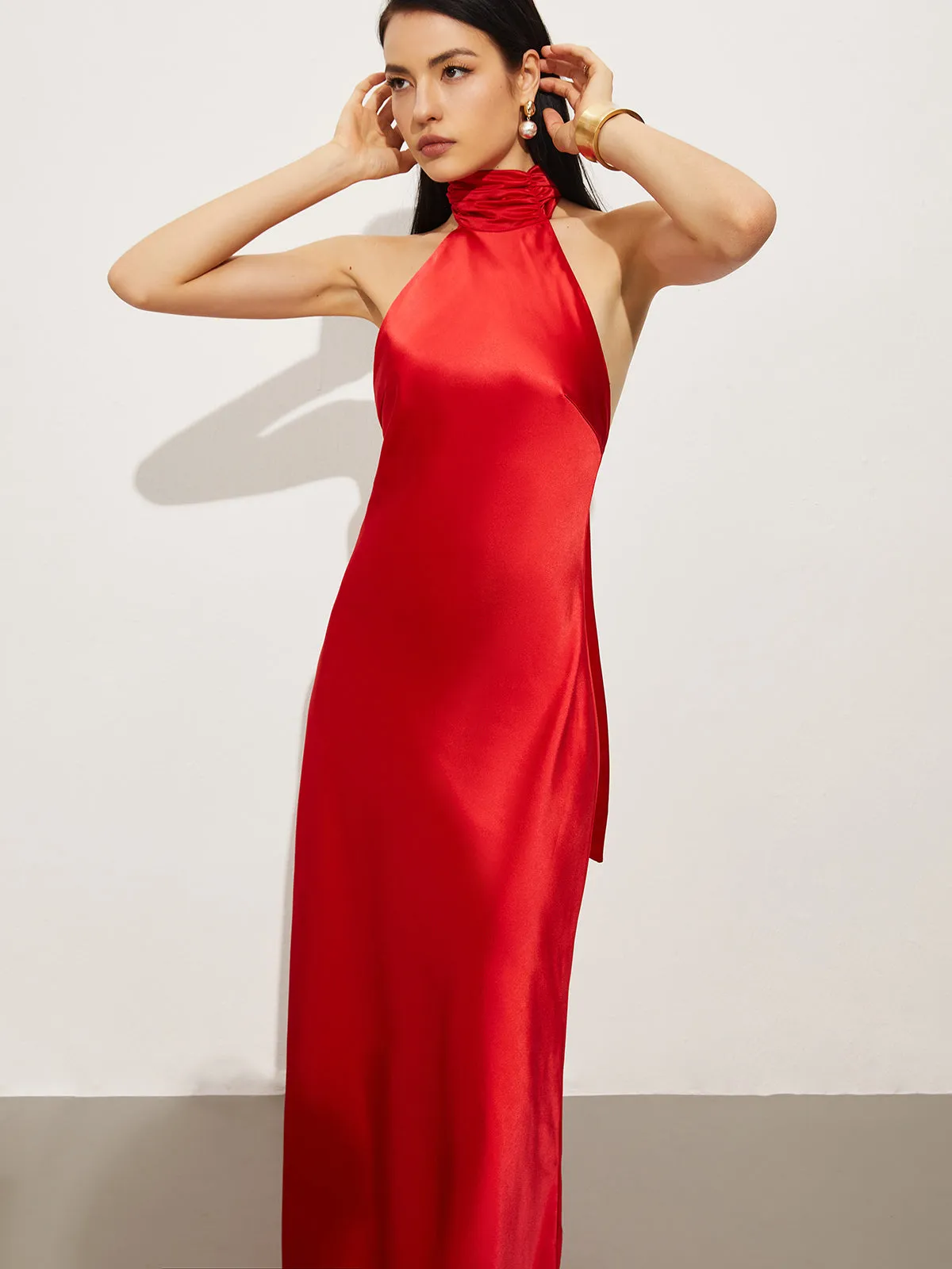 Satin Bow Backless Halter Dress sold by COMMENSE