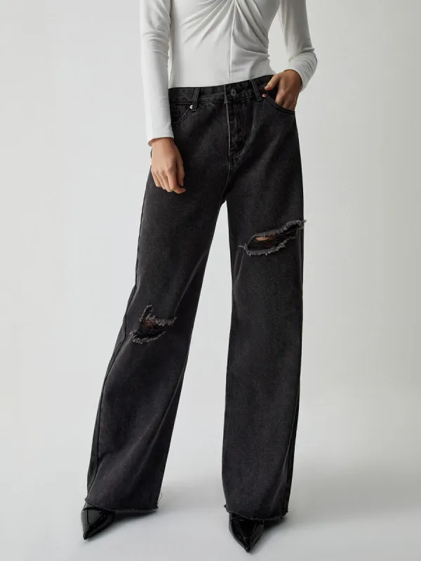 Distressed Detail Black Denim Wide Leg Jeans sold by COMMENSE
