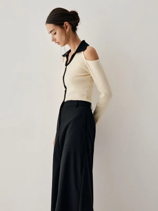 Colorblock Open Collar Cutout Crop Long Sleeve Top made by COMMENSE