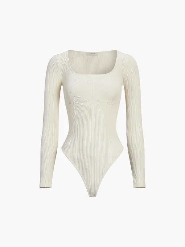 Cream Square Neck Rib Long Sleeve Bodysuit sold by COMMENSE
