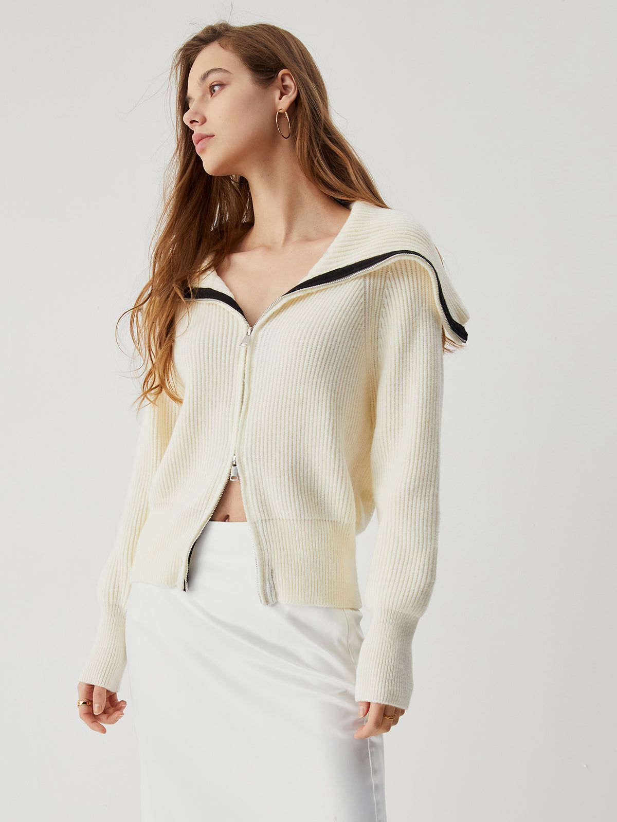 Zippered Contrast Trim Collar Ribbed Knit Sweater sold by COMMENSE product image thumbnail 3