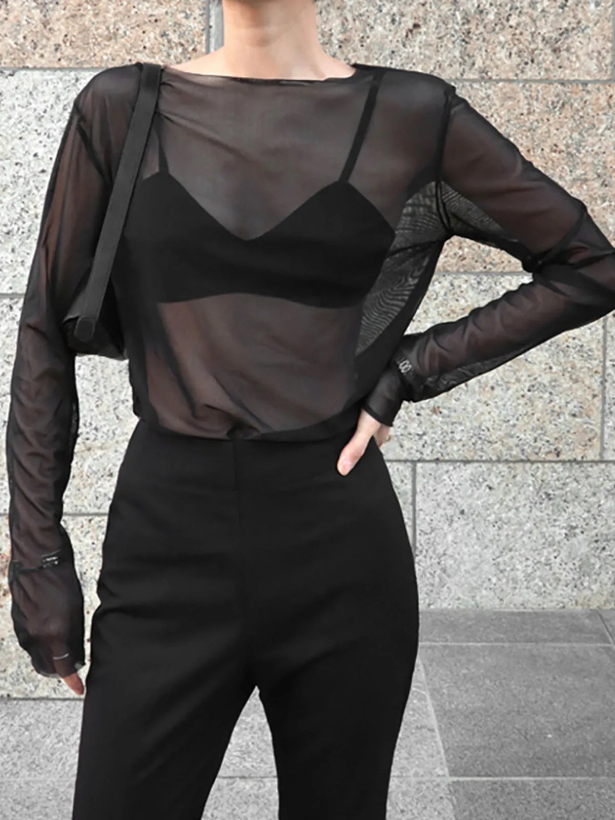Sheer Long Sleeve Mesh Top sold by COMMENSE