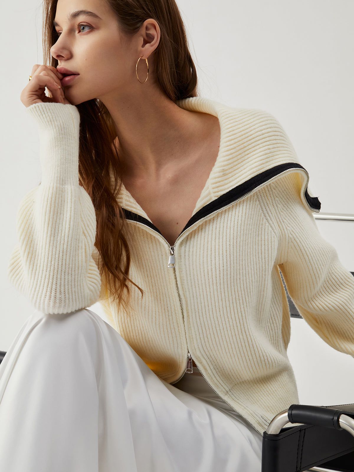 Zippered Contrast Trim Collar Ribbed Knit Sweater sold by COMMENSE