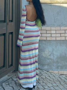 Rainbow Stripe Open Back Flowy Long Dress sold by COMMENSE
