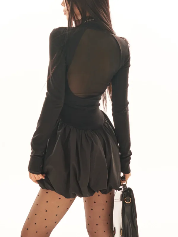 Mock Neck Pleated Patchwork Mini Dress sold by COMMENSE