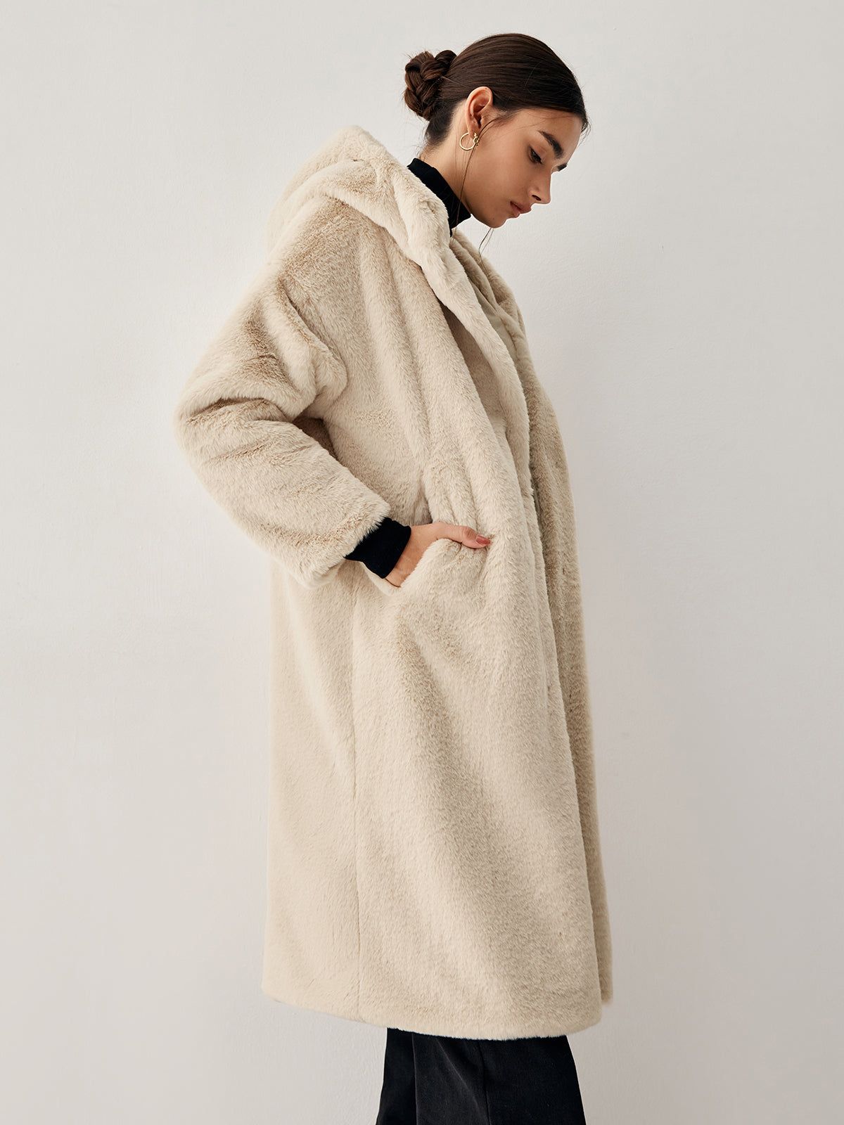 Oatmeal Faux Fur Hooded Longline Jacket sold by COMMENSE product image thumbnail 3
