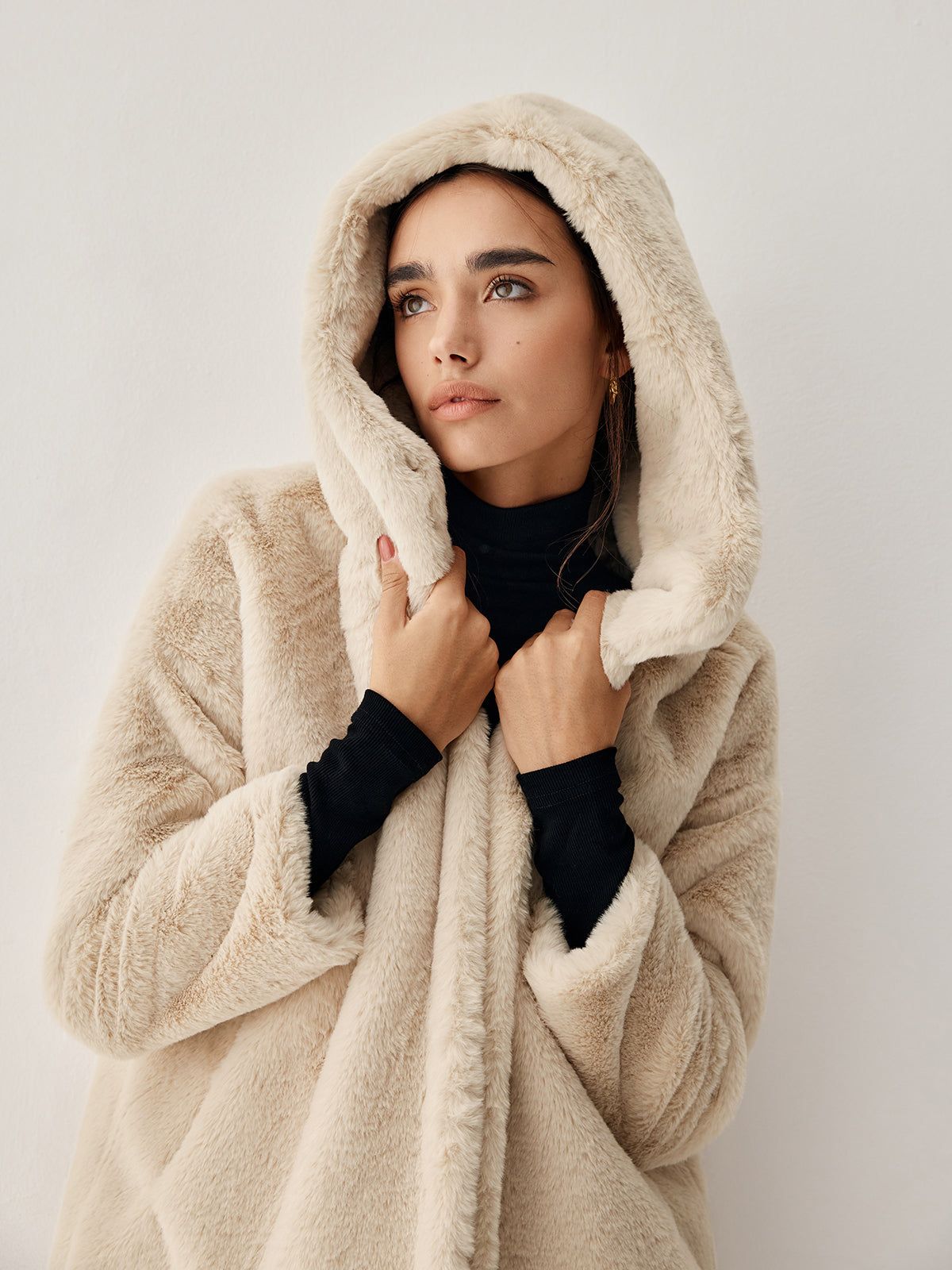 Oatmeal Faux Fur Hooded Longline Jacket sold by COMMENSE product image thumbnail 4