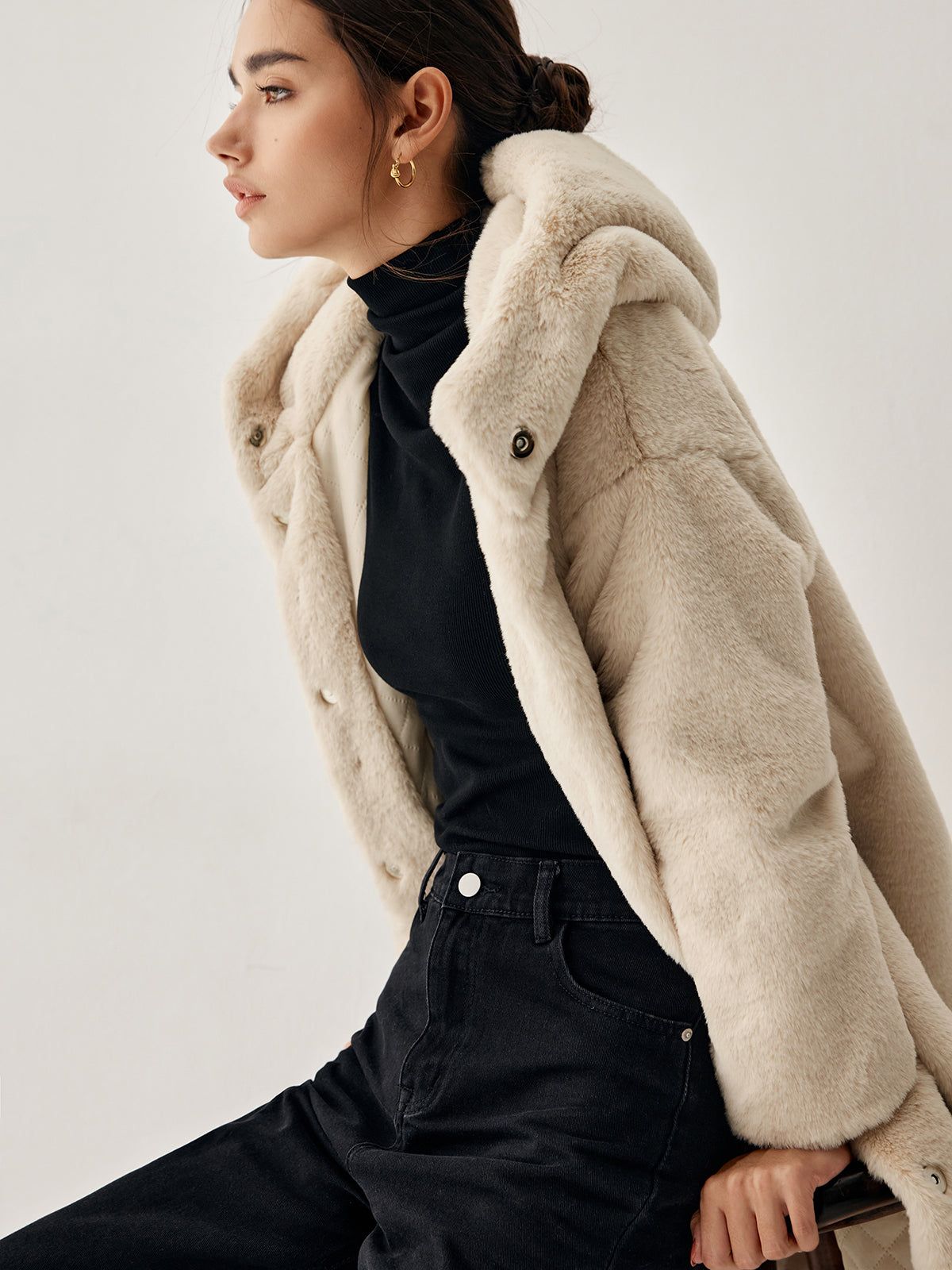 Oatmeal Faux Fur Hooded Longline Jacket sold by COMMENSE product image thumbnail 2