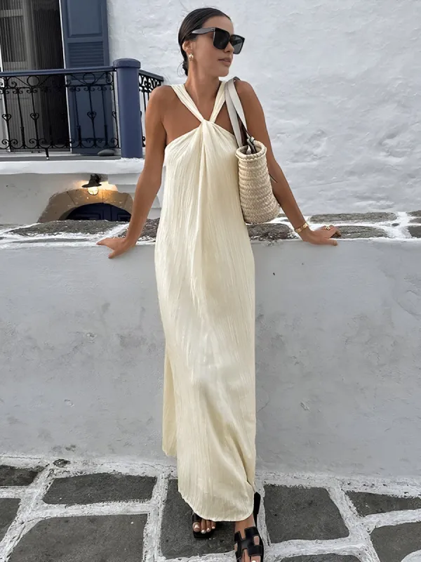 Creamy Halter Long Dress sold by COMMENSE