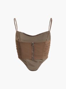 Mesh Zippered Ruched Crop Top sold by COMMENSE