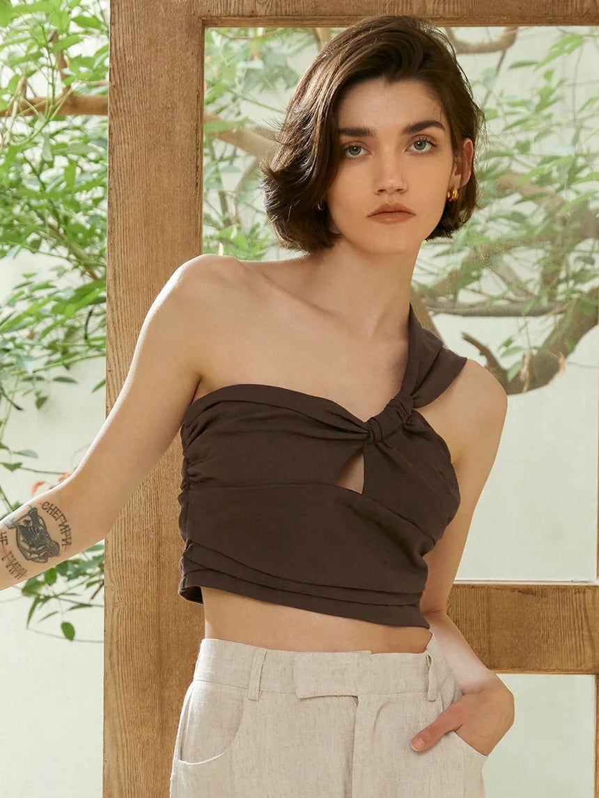 Asymmetrical Twist Linen Crop Top sold by COMMENSE product image thumbnail 5