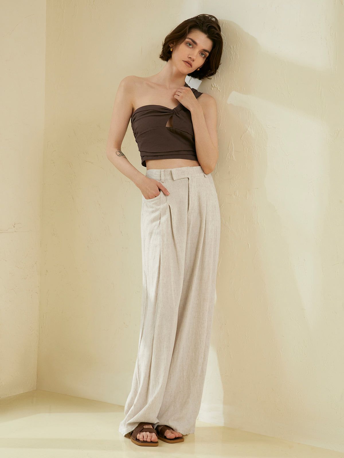 Asymmetrical Twist Linen Crop Top sold by COMMENSE product image thumbnail 3