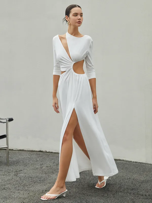 Cut Out Ruched Split Knit Maxi Dress sold by COMMENSE
