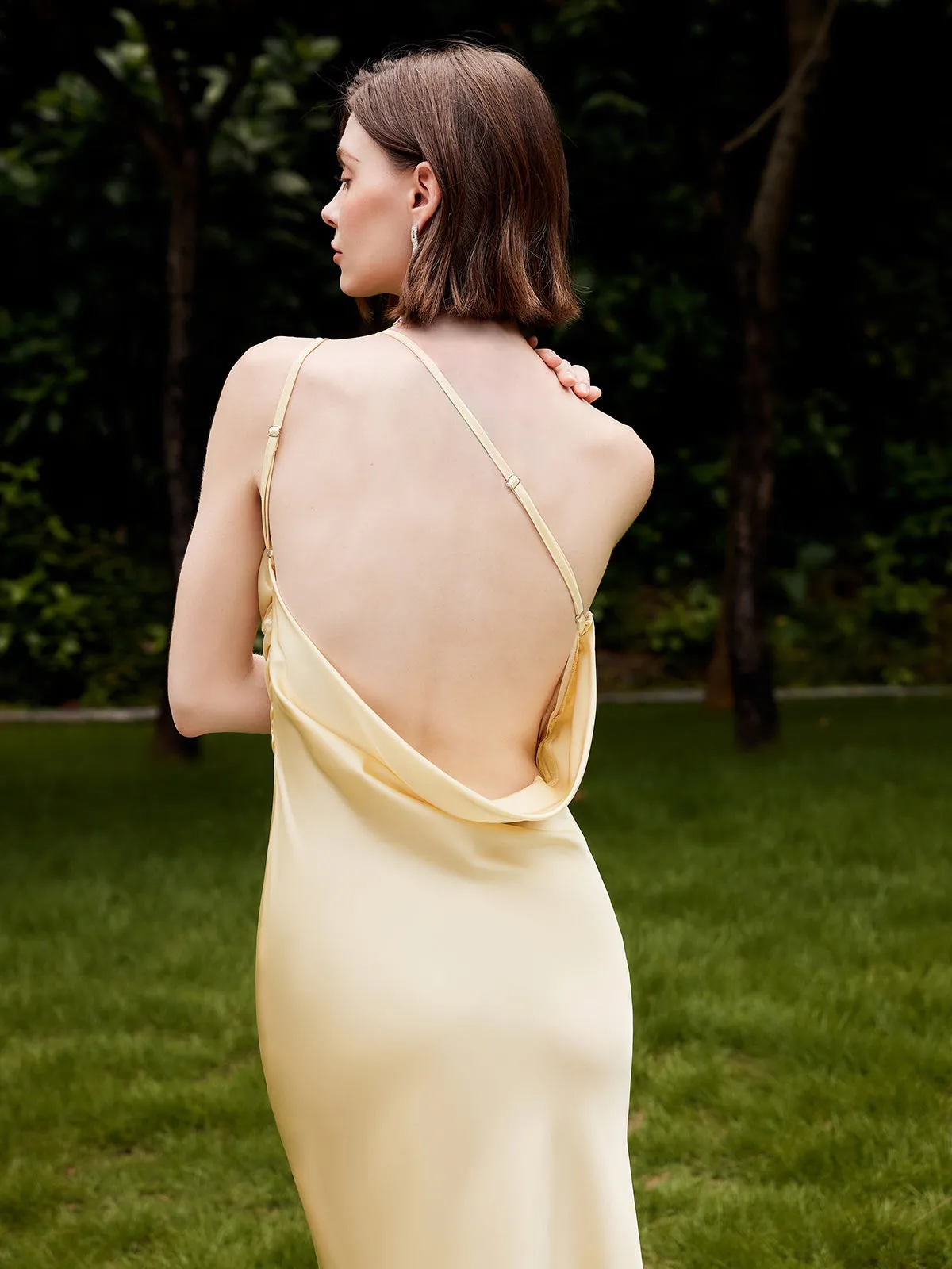 Asymmetrical Backless Satin Long Dress sold by COMMENSE product image thumbnail 4