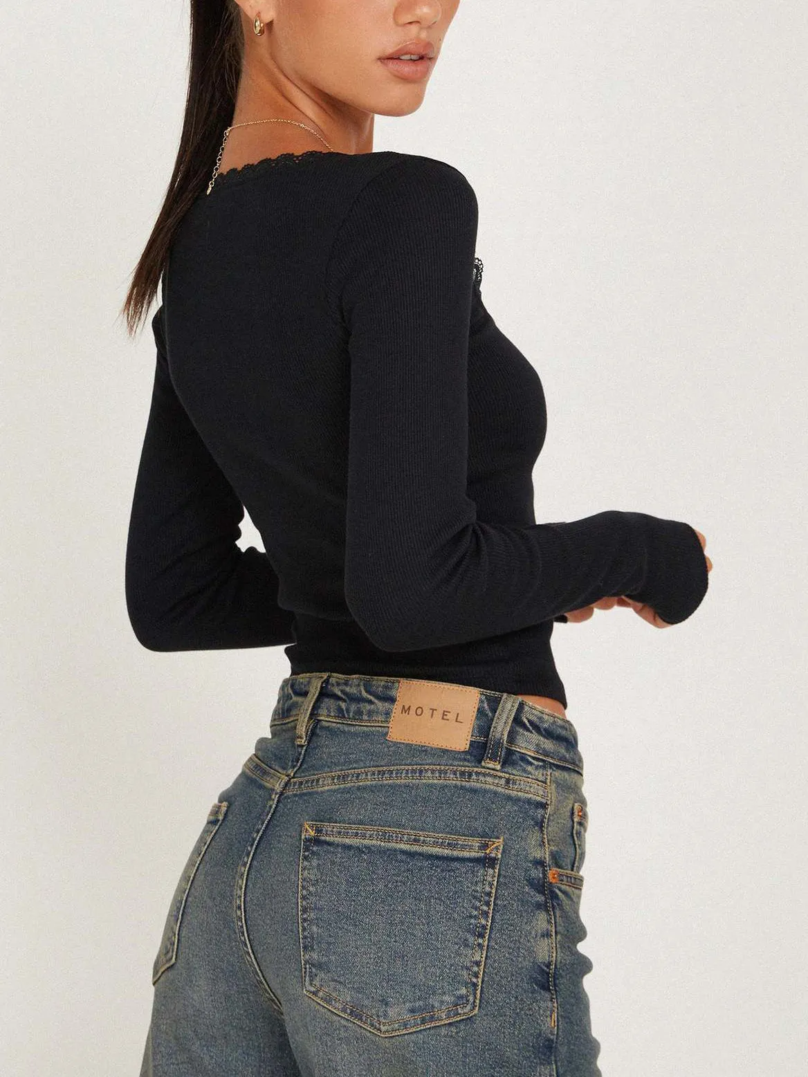 Lace Trim Long Sleeve Crop Top sold by COMMENSE product image thumbnail 4