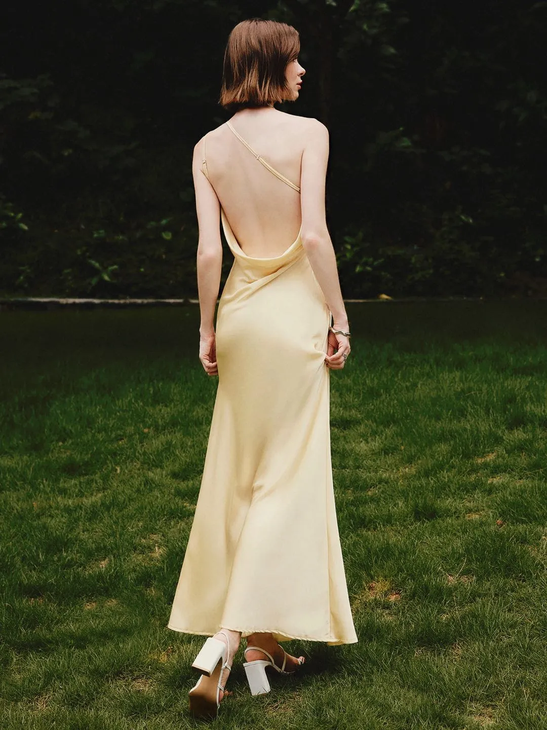 Asymmetrical Backless Satin Long Dress sold by COMMENSE