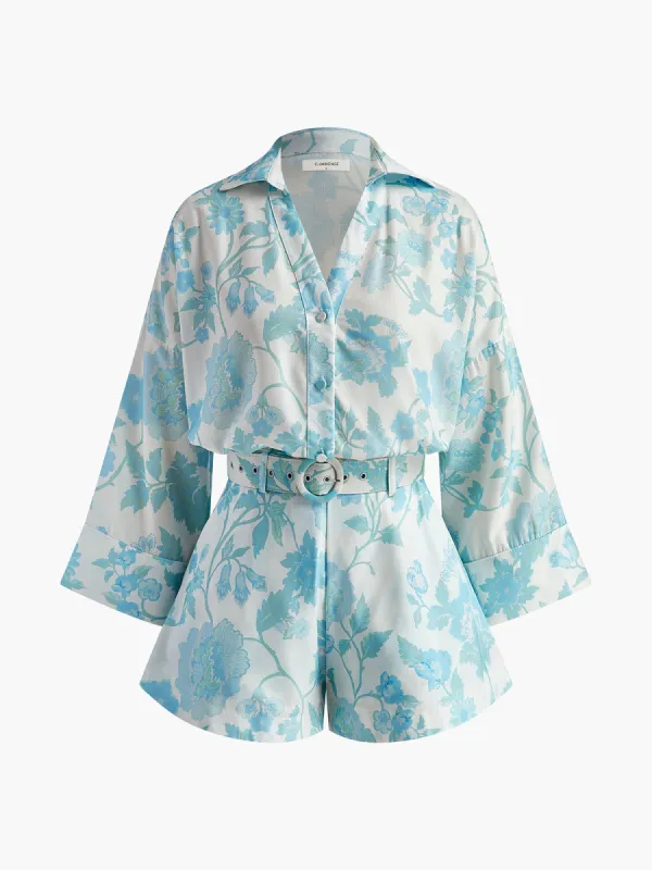 Lapel Floral Printed Belt Shorts Set made by COMMENSE