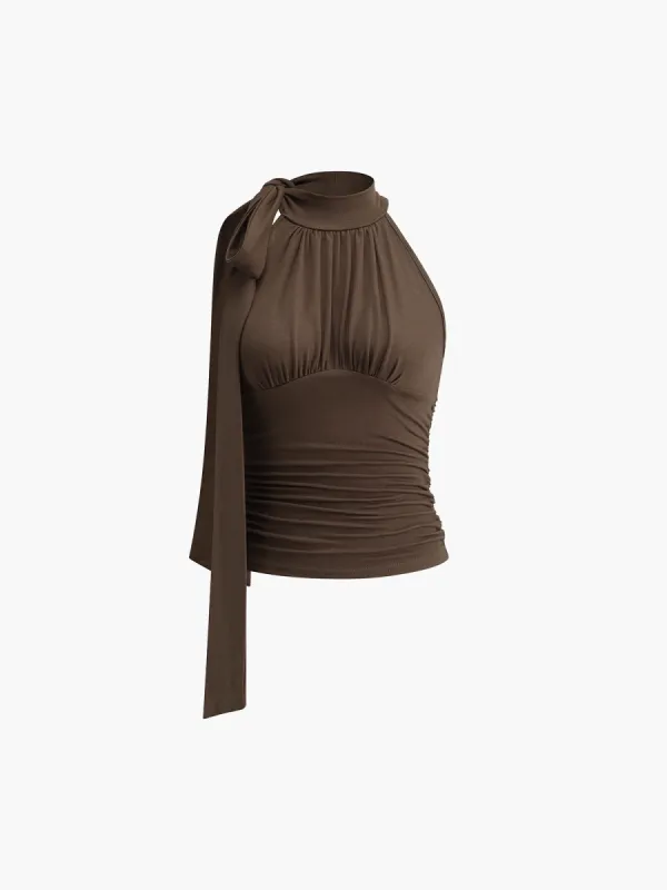 Solid Front Tied Halter Tank Top sold by COMMENSE