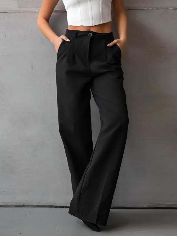 Solid Slant Pockets Flare Leg Long Pants sold by COMMENSE