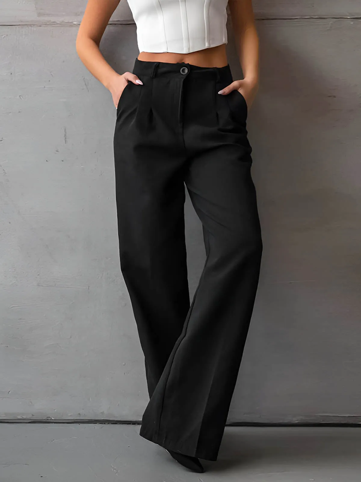 Solid Slant Pockets Flare Leg Long Pants sold by COMMENSE