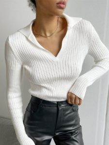 Collared Rib Knit Top sold by COMMENSE
