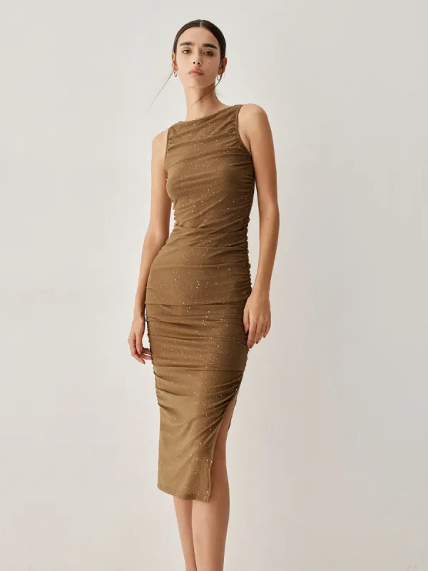 Diamante Ruched Mesh Slit Midi Dress sold by COMMENSE