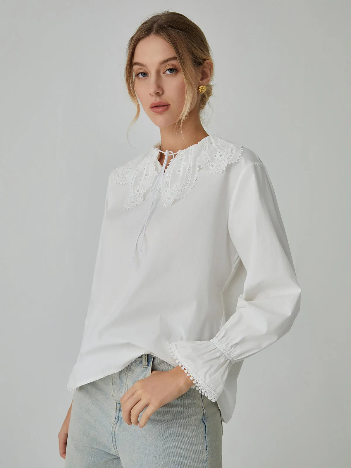 Cotton Lace Trim Tie-Front Shirt sold by COMMENSE product image thumbnail 2