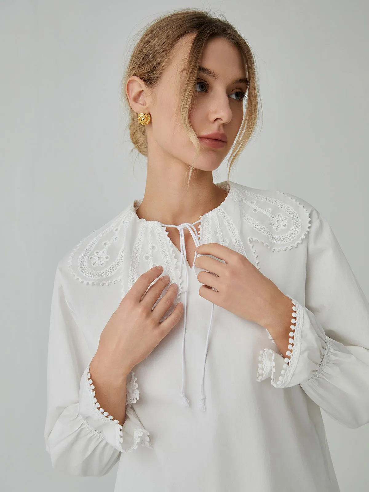 Cotton Lace Trim Tie-Front Shirt sold by COMMENSE product image thumbnail 4