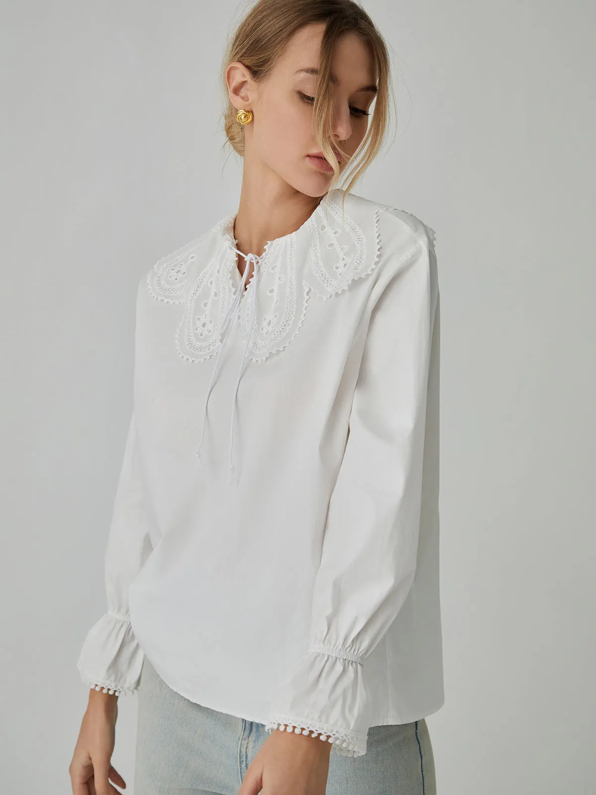 Cotton Lace Trim Tie-Front Shirt sold by COMMENSE