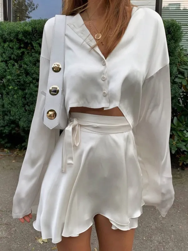 Satin Raw Hem Tied Two Piece Skirt Set made by COMMENSE