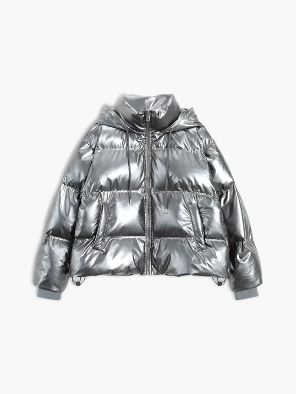 Metallic Puffer Wind Protection Hooded Coat sold by COMMENSE