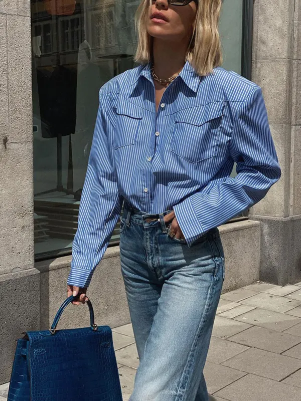 Pinstripe Pocket Collar Long Sleeve Shirt sold by COMMENSE