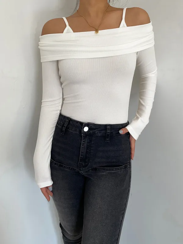 Overfold Cold Shoulder Long Sleeve Ribbed Knit Top sold by COMMENSE