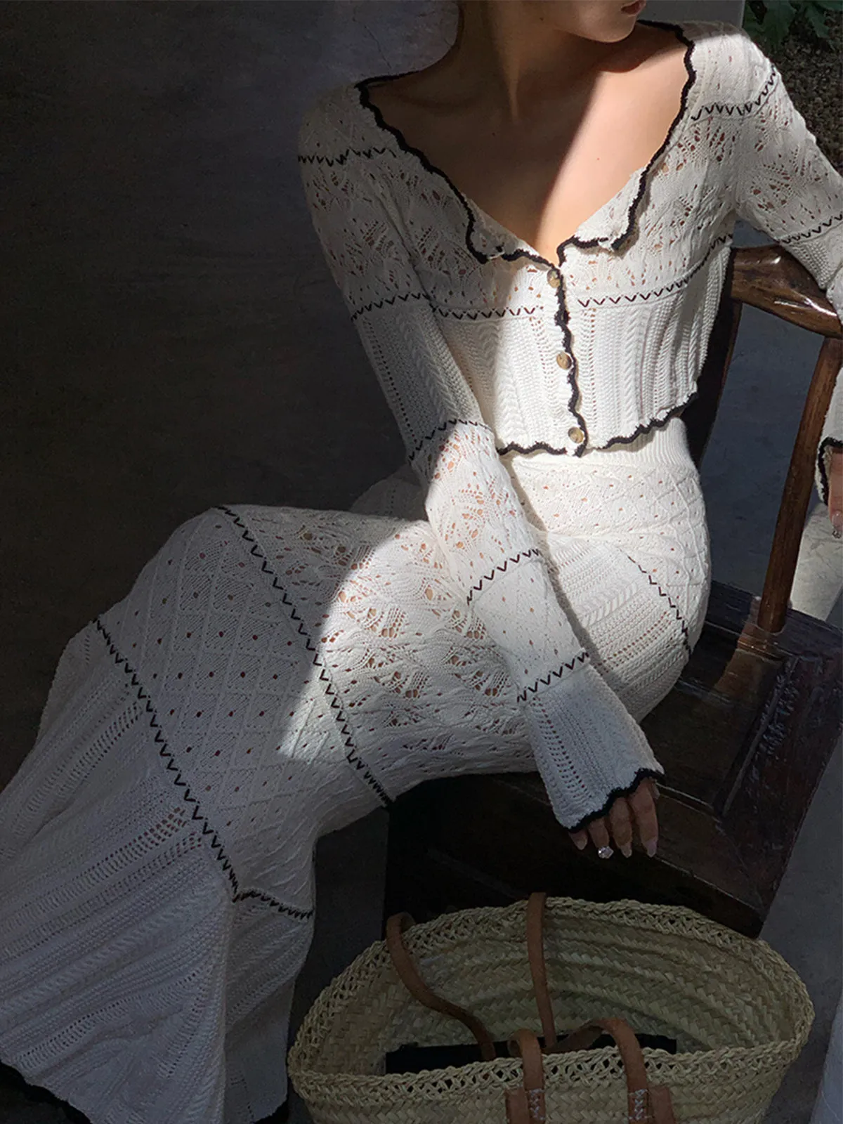 Contrast Binding Knit Maxi Skirt sold by COMMENSE