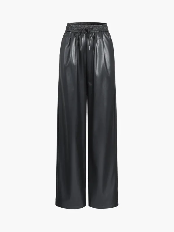 Drawstring Faux Leather Straight Leg Pants sold by COMMENSE