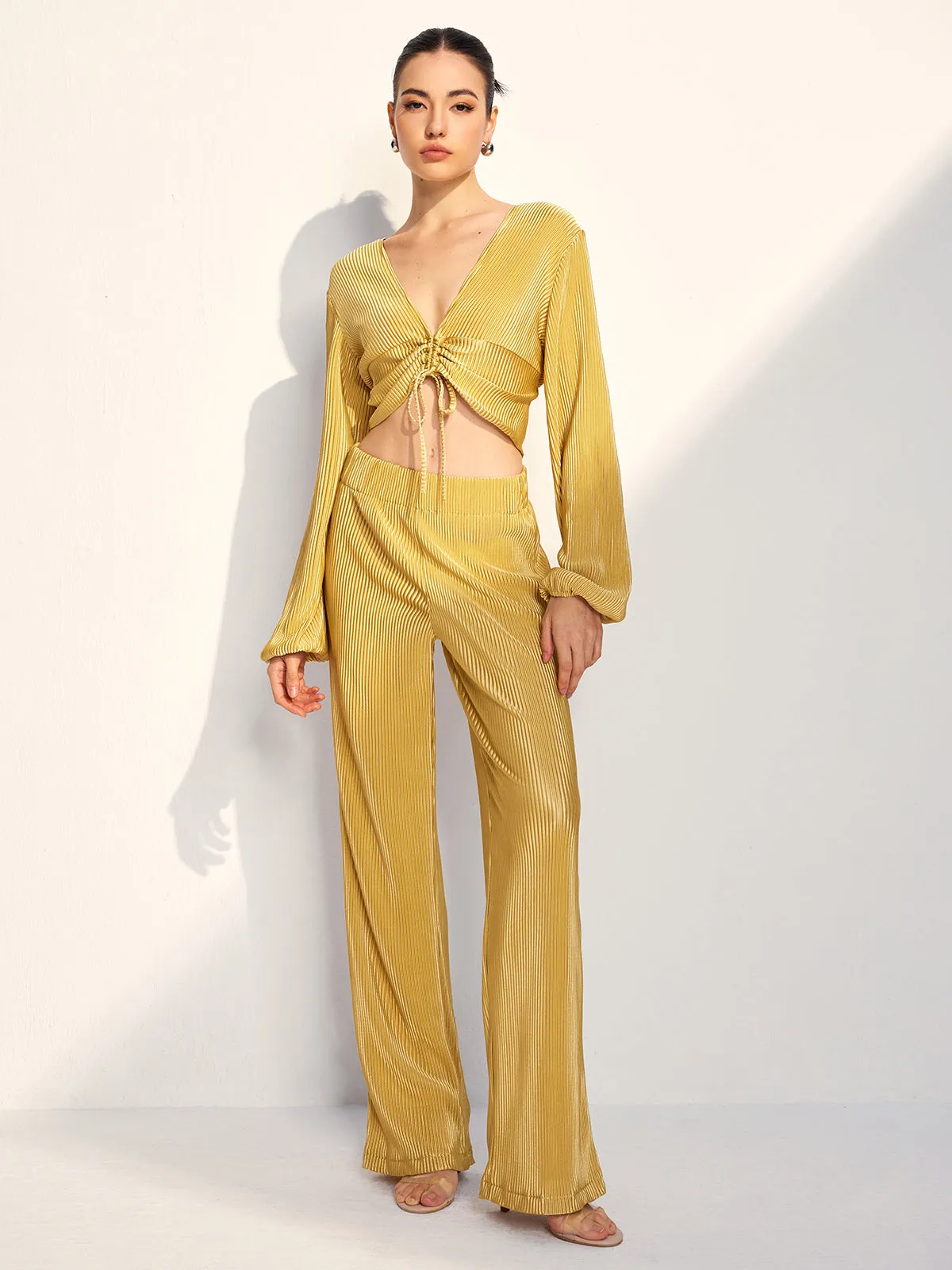 Drawstring Puff Sleeve Pants Set sold by COMMENSE