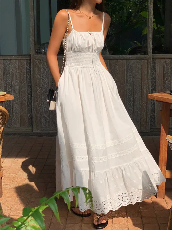 Embroidery Shift Shirred Long Dress sold by COMMENSE